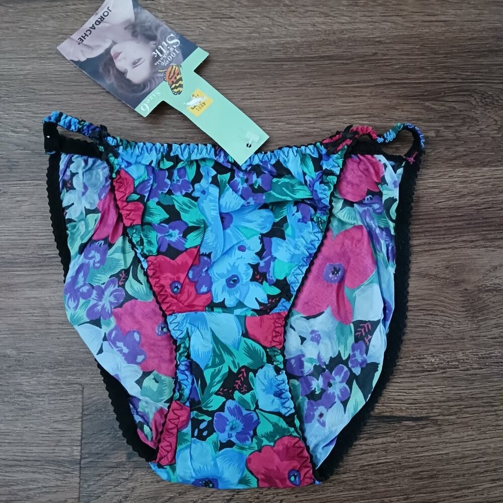 NOS Vintage Jordache 100% Washable Silk String Floral Bikini Panties Size 6